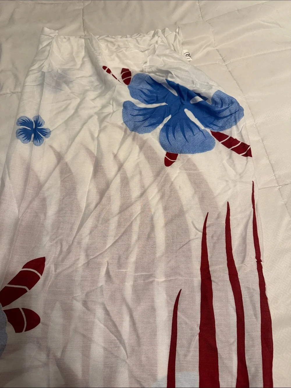 Swim cover White sarong cover up  with Red Palm Leaf and Blue Floral Accent
